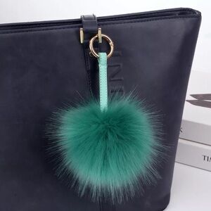 Big and Long hair faux fur keychain- leather cord - KC012 Turquoise 12mm